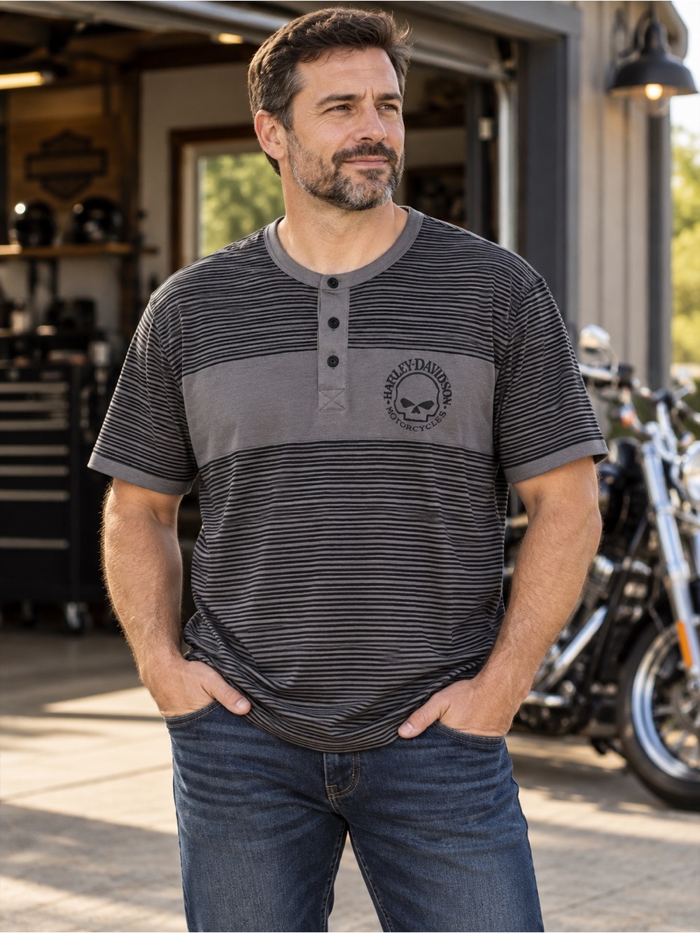 Harley-Davidson Men’s Black and Gray Striped Henley Tee